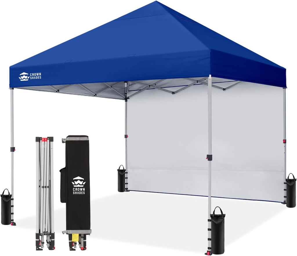 CROWN SHADES Pop Up Canopy with 1 Side Wall - Beach Tent with One Push Setup - Outdoor Sun Shade for Events, Parties, Camping - Gazebo with STO-N-Go Cover Bag, Navy Blue, 8x8FT