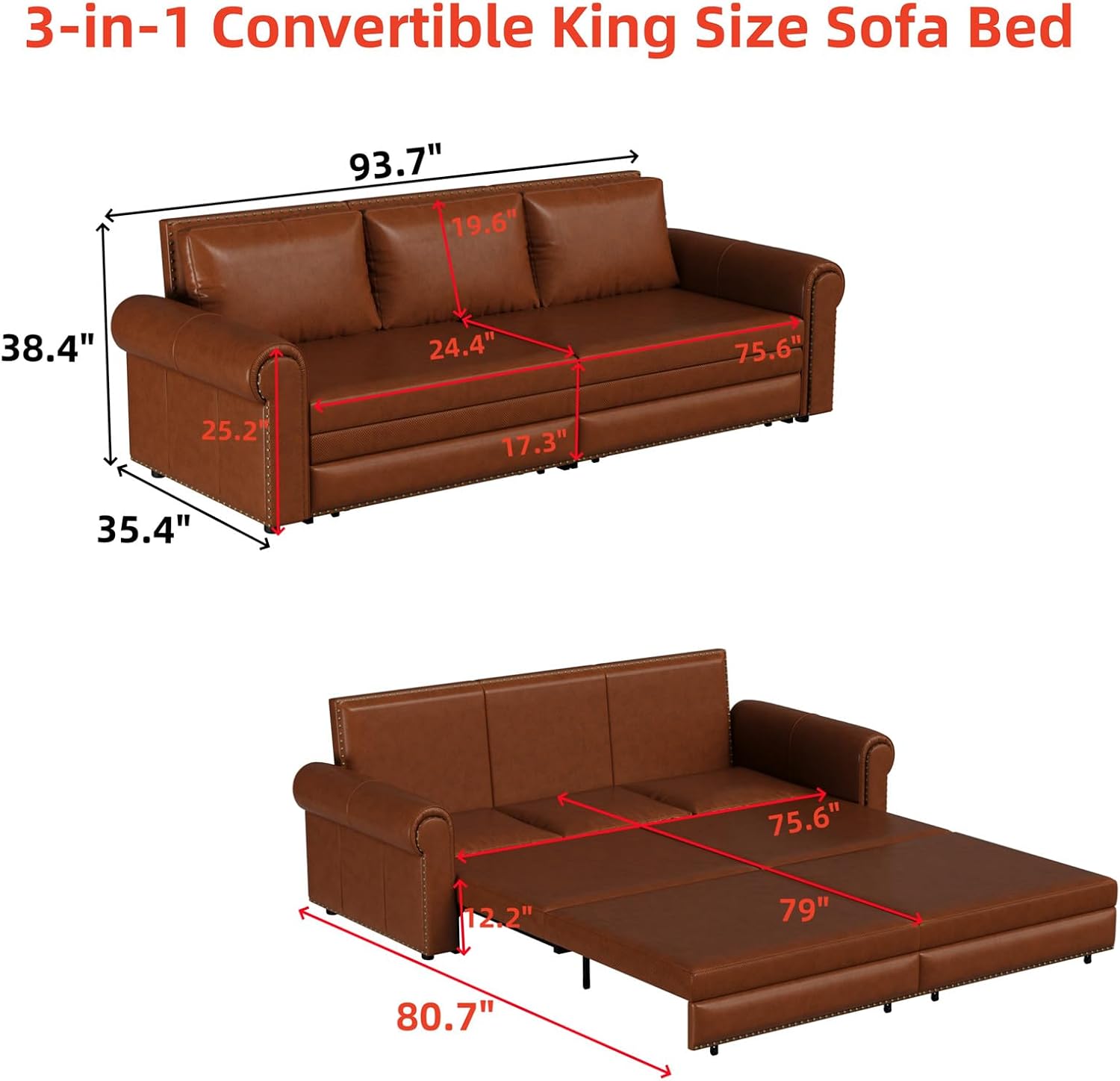 Faux Leather Sleeper Sofa Couch with Pullout Bed, 93.7' King Size Sleeper Sofa Bed, 3 in 1 Convertible Sofa Bed with Nailhead Trim & Rolled Arm for Living Room Bedroom Office (Light Brown)