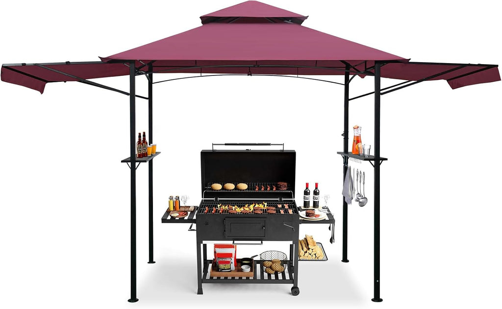 14 x 5 Grill Gazebo, Outdoor BBQ Grill Patio Canopy with 2 Handy Shelves & Extra Awning LED Lights, Double Roof Barbecue Gazebo Canopy (Red)