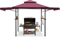 14 x 5 Grill Gazebo, Outdoor BBQ Grill Patio Canopy with 2 Handy Shelves & Extra Awning LED Lights, Double Roof Barbecue Gazebo Canopy (Red)