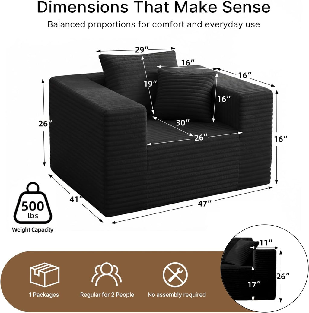 Single Cloud Sofa, High Backrest Wider Armrest Memory Foam Boneless Couch, Comfy Faux Fur Pillowed Single Seater No Assembly for Small Spaces Bedroom Dorm Office（Black）