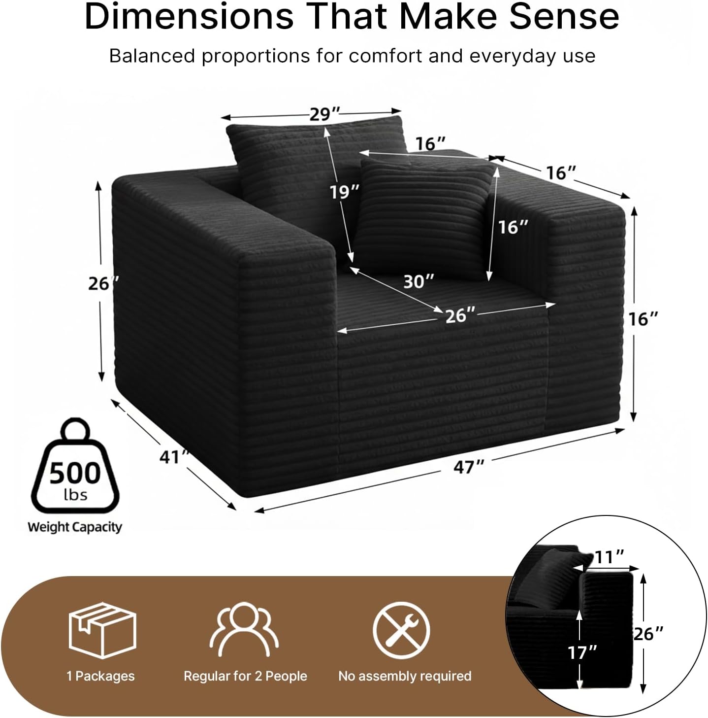Single Cloud Sofa, High Backrest Wider Armrest Memory Foam Boneless Couch, Comfy Faux Fur Pillowed Single Seater No Assembly for Small Spaces Bedroom Dorm Office（Black）