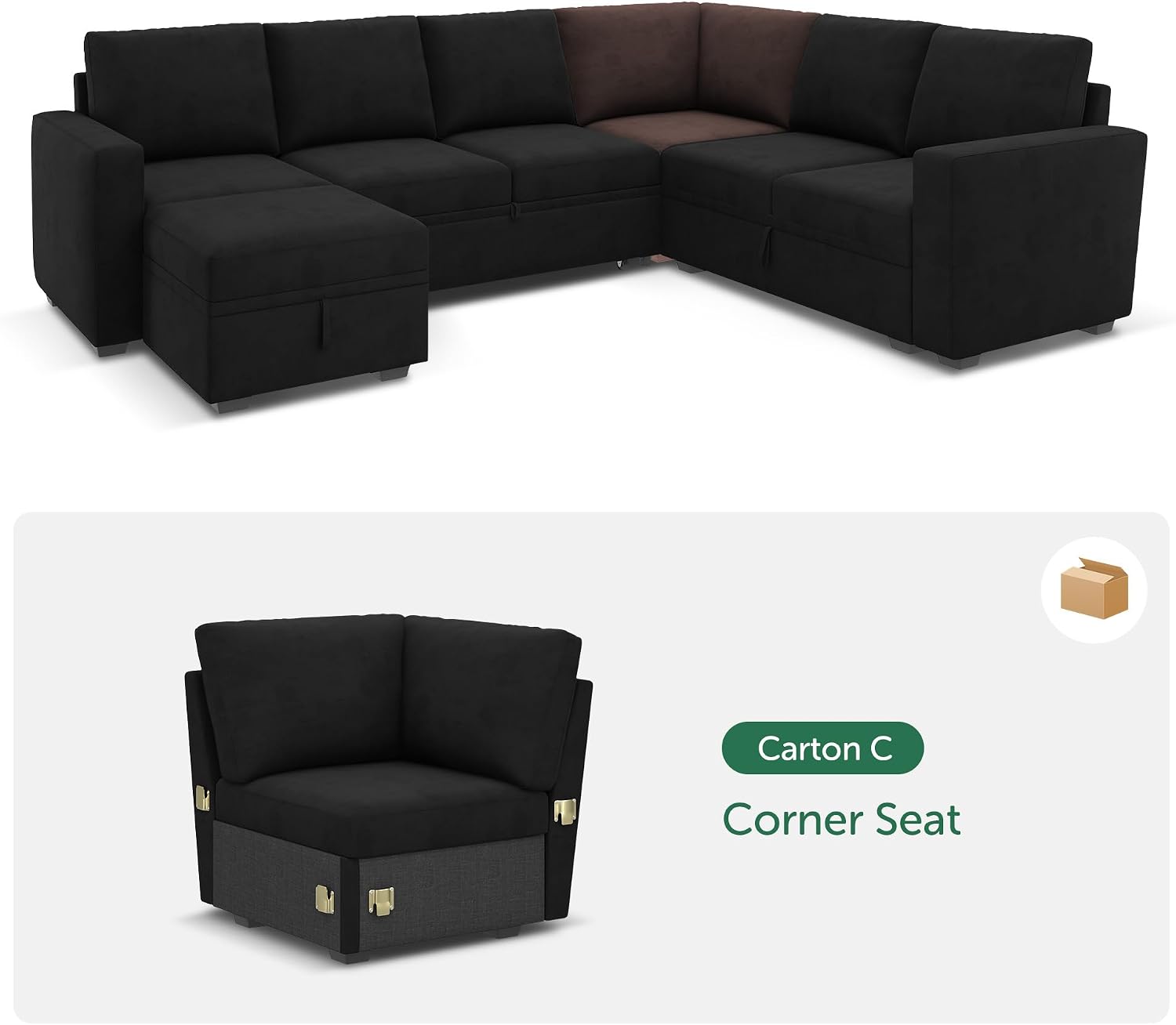 HONBAY Corner Seat for Sectional Sleeper Sofa, Corner Module for Modular Sleeper Couch with Pull Out Bed, Velvet Black