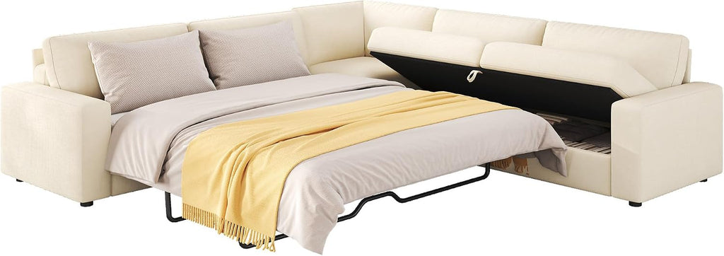 AMERLIFE 106' Oversized Sofa Bed, Sectional Sleeper Sofa with Pull Out Bed, 3 in 1 Convertible Sofa Bed, L Shaped Couch with Storage, High Resilience Mattress, Chenille Beige
