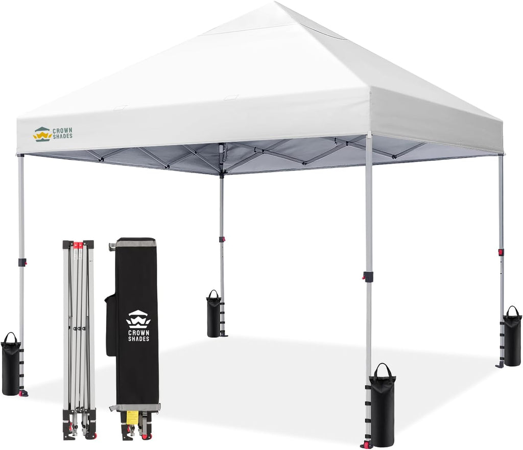 CROWN SHADES 8x8 Pop Up Canopy - Beach Tent with One Push Setup - Easy Outdoor Sun Shade for Events, Parties, Camping - Gazebo with STO-N-Go Cover Bag, Silver Coated Top, White