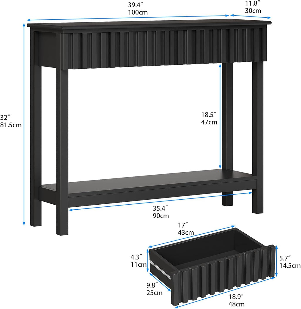 Trironsun Fluted Console Table with 2 Drawers Narrow Sofa Table with Open Storage Shelf Modern Behind Couch Tables Long Entryway Table for Foyer Hallway