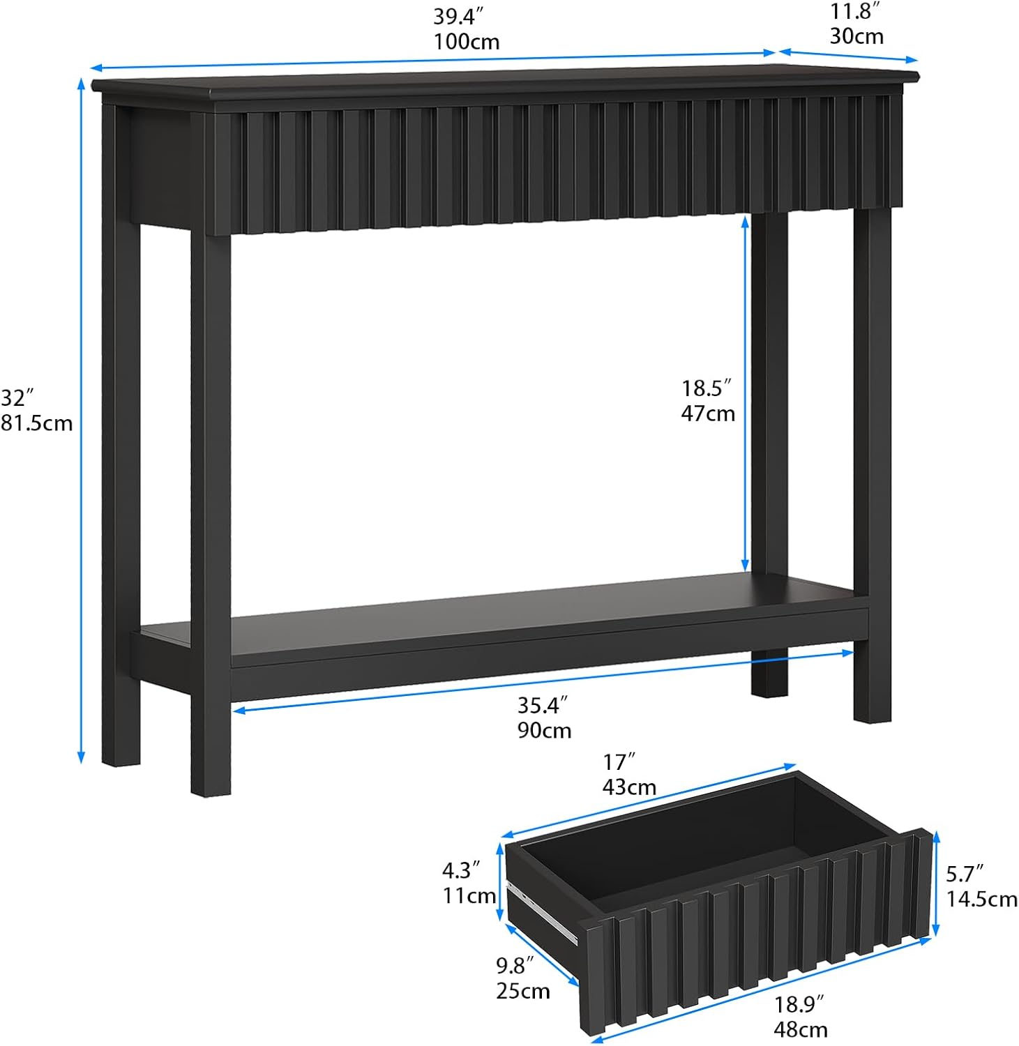 Trironsun Fluted Console Table with 2 Drawers Narrow Sofa Table with Open Storage Shelf Modern Behind Couch Tables Long Entryway Table for Foyer Hallway