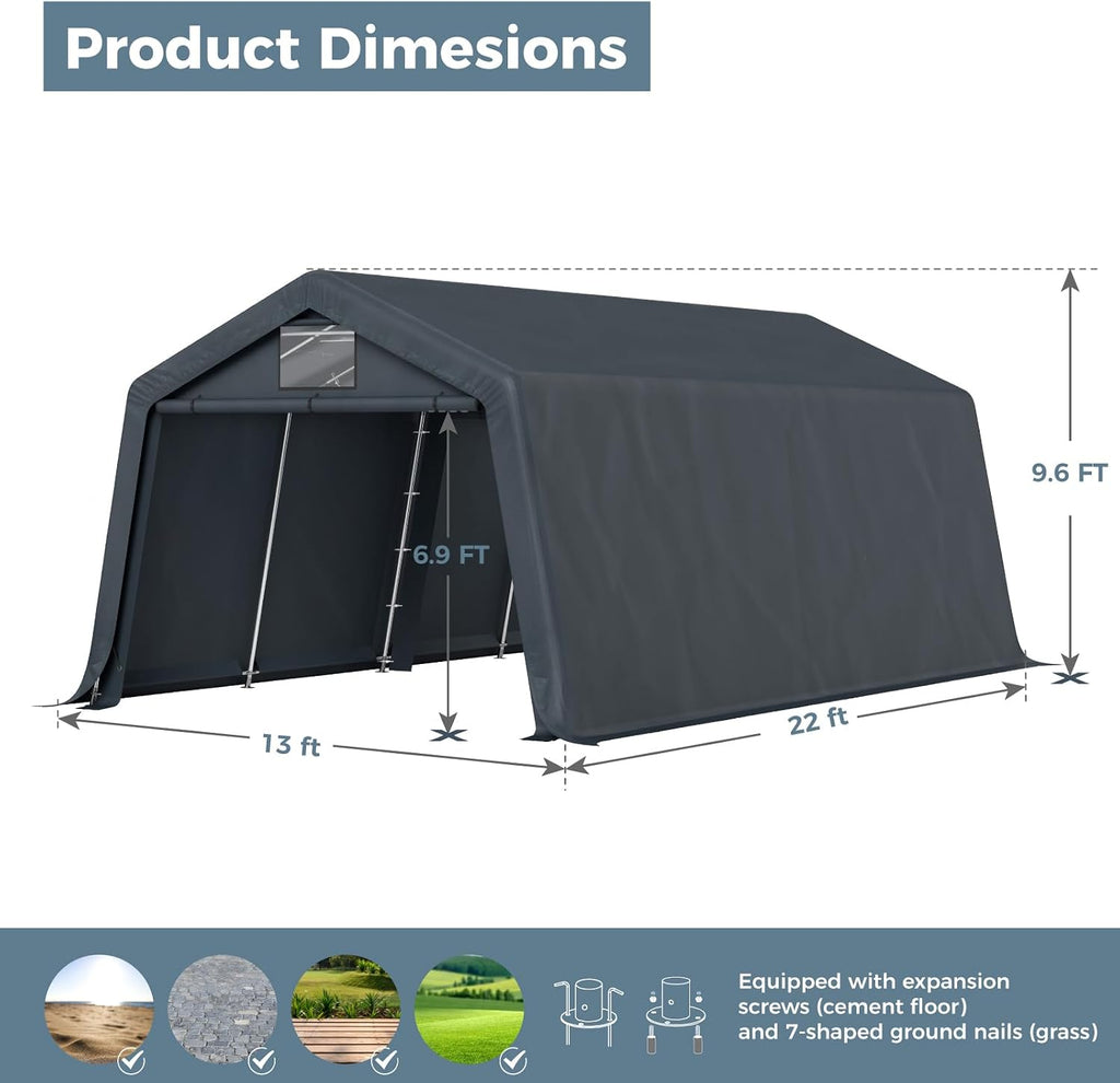 GREEN PARTY Storage Shelter Shed, 13x22 ft Portable Shed Outdoor Carport with Roll-up Zipper Door & Vents, Outdoor Storage Shed Portable Garage for Motorcycle, Bike, Waterproof & UV Protected, Gray