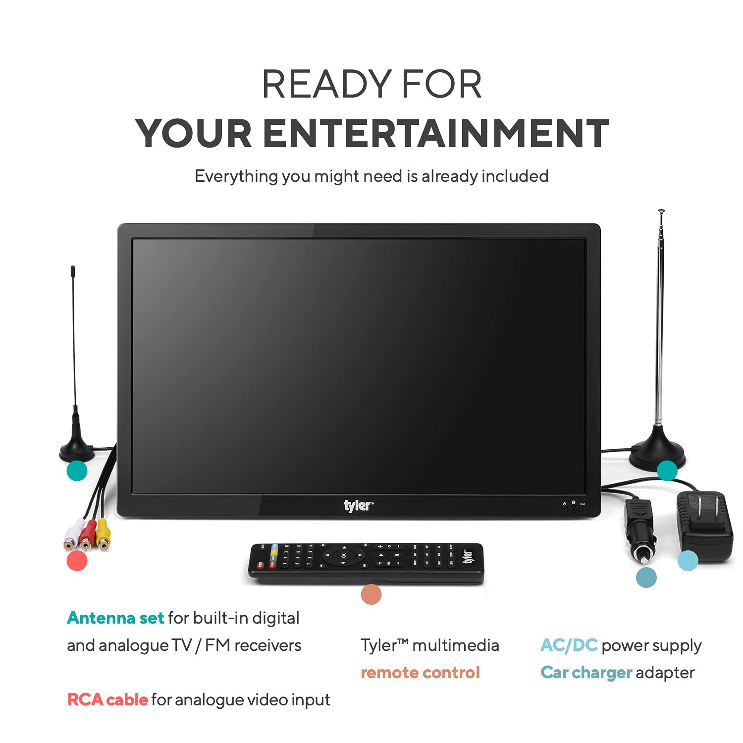 Tyler 16' Portable TV LCD Monitor Battery Powered Wireless Capability HD-TV, HDMI, USB, RCA, AC/DC, FM Radio, Car Charger, Remote Control, Built in Stand Small Mini for Car & Traveling