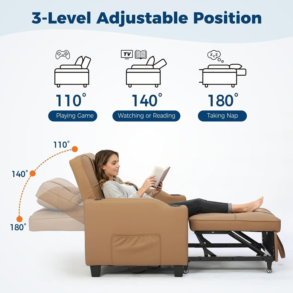 Sleeper Chair Pull Out Bed, 4 in 1 Convertible Sofa Chair Bed with Vibration Massage Lumbar Pillow, Single Sofa Recliner with USB/Type-C Port, Cup Holders and Side Pocket for Small Spaces (Brown)