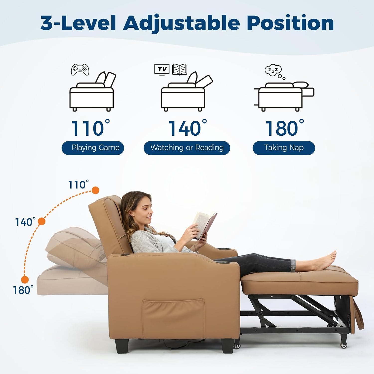 Sleeper Chair Pull Out Bed, 4 in 1 Convertible Sofa Chair Bed with Vibration Massage Lumbar Pillow, Single Sofa Recliner with USB/Type-C Port, Cup Holders and Side Pocket for Small Spaces (Brown)