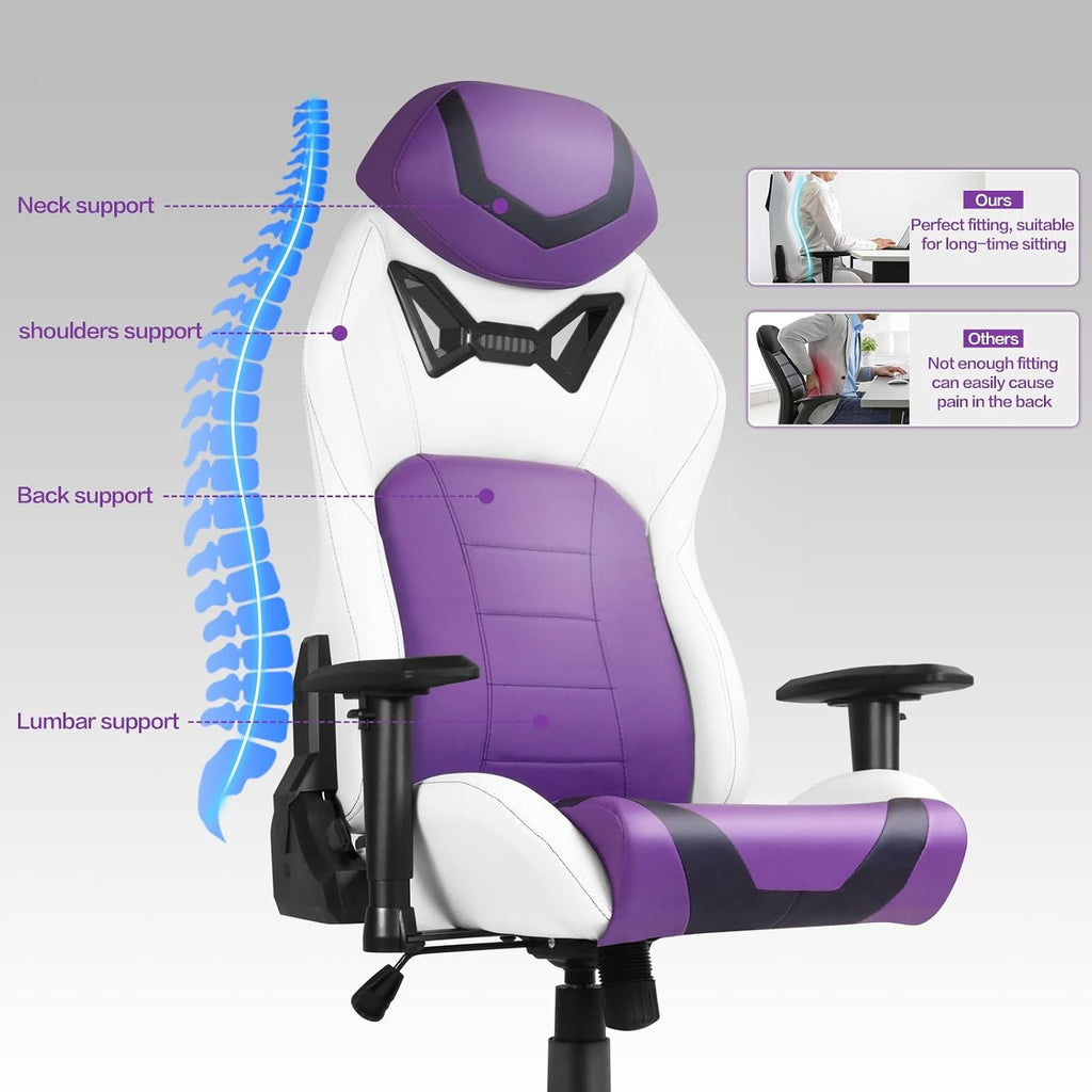 Modern-Depo Ergonomic Gaming Chairs for Adults with High-Density Memory Foam | Swivel Comfortable Office Chair, Big and Tall Video Game Chair, High Back Computer Chair for Home, Office, Purple White