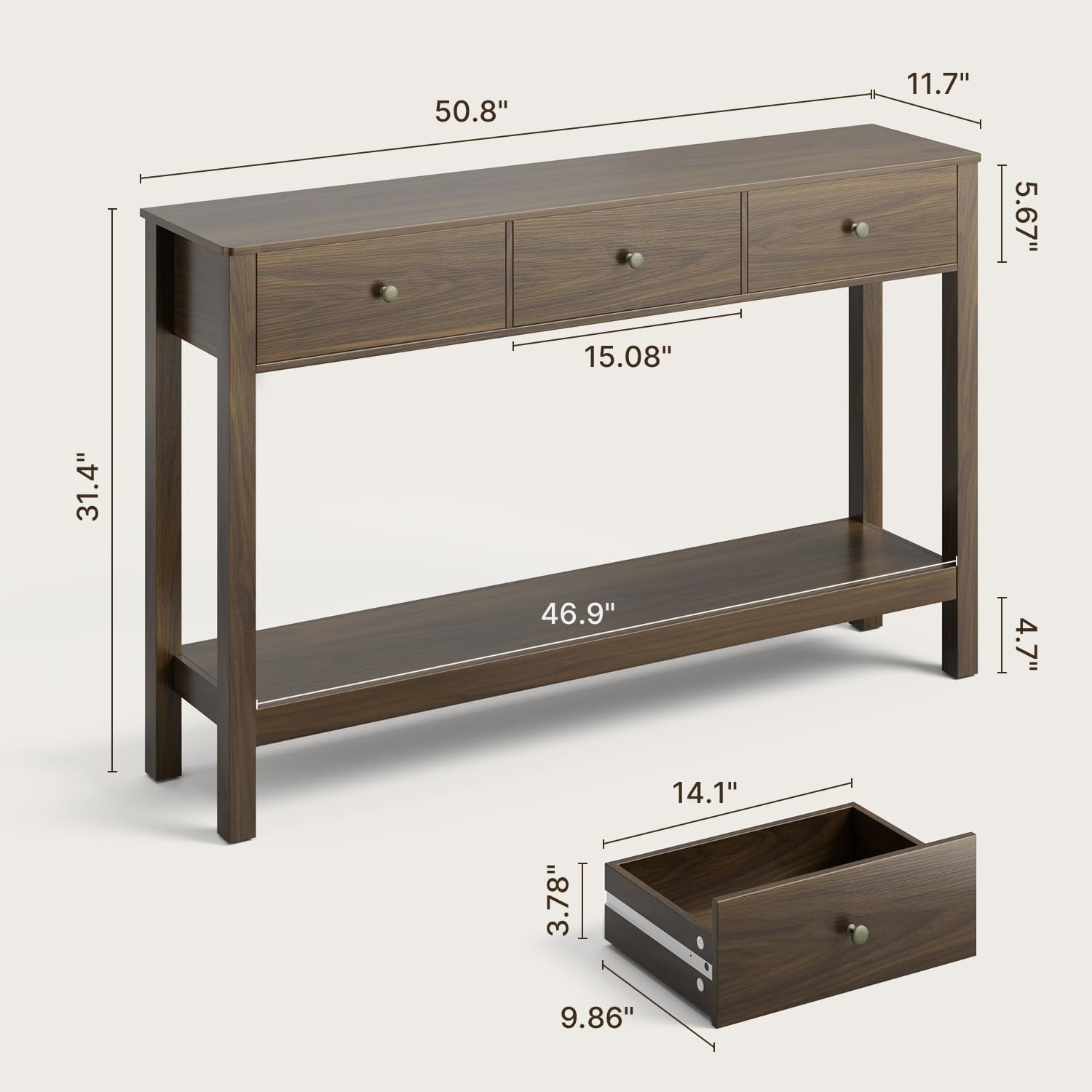 Gizoon Sofa Table with 3 Drawers, Modern Accent Console Table with Open Shelf, Large Storage Space, for Living Room, Front Hall, Entrance Hall, Study Room, Dark Brown