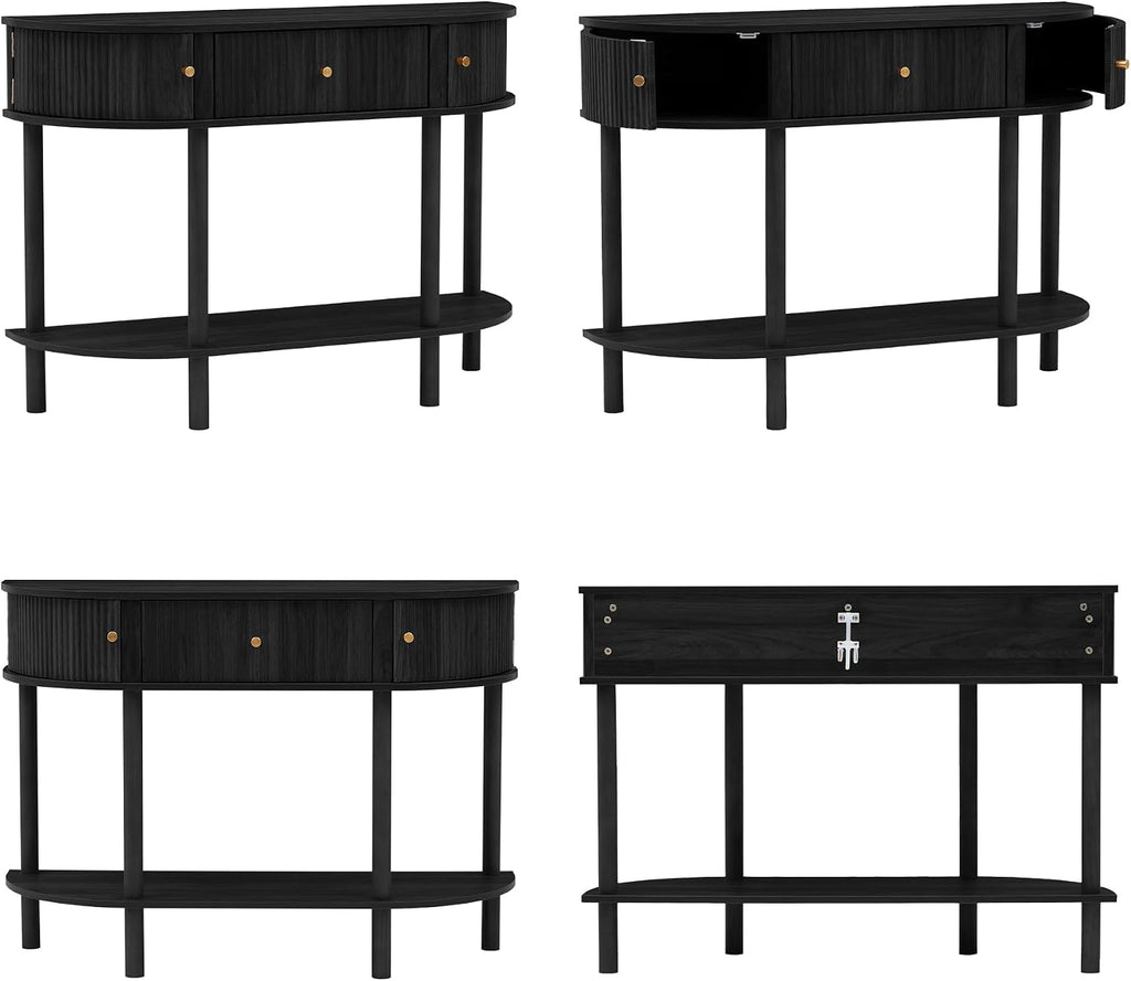XUZENEST 43.3' Fluted Half Moon Console Table, Modern Entryway Console Sofa Table with Storage, Narrow Wood Accent Tables Behind Couch Tables for Living Room, Hallway, Foyer(Black)