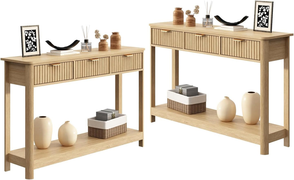 HOKYHOKY Set of 2 Console Table with Drawers, Modern 47.1' Entryway Table with Storage Shelf, Boho Narrow Skinny Behind Couch Wood Sofa Table for Living Room Hallway Entrance Foyer,Natural