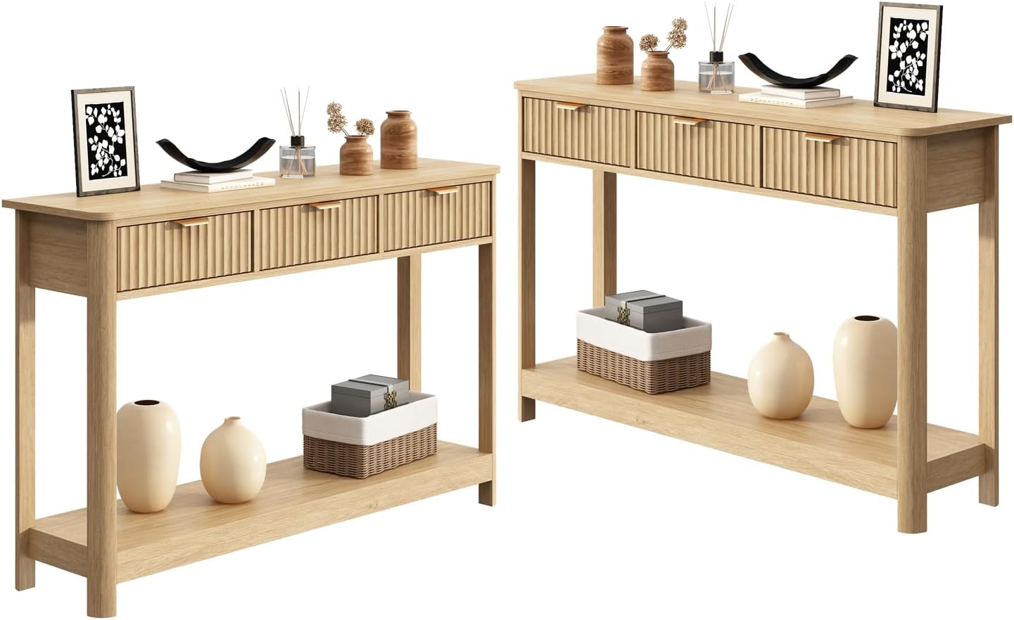 HOKYHOKY Set of 2 Console Table with Drawers, Modern 47.1' Entryway Table with Storage Shelf, Boho Narrow Skinny Behind Couch Wood Sofa Table for Living Room Hallway Entrance Foyer,Natural