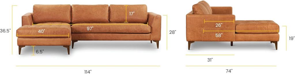 POLY & BARK Calle Left-Facing Sectional Sofa, Full-Grain Pure-Aniline Italian Leather, Cognac Tan, Solid Wood Legs