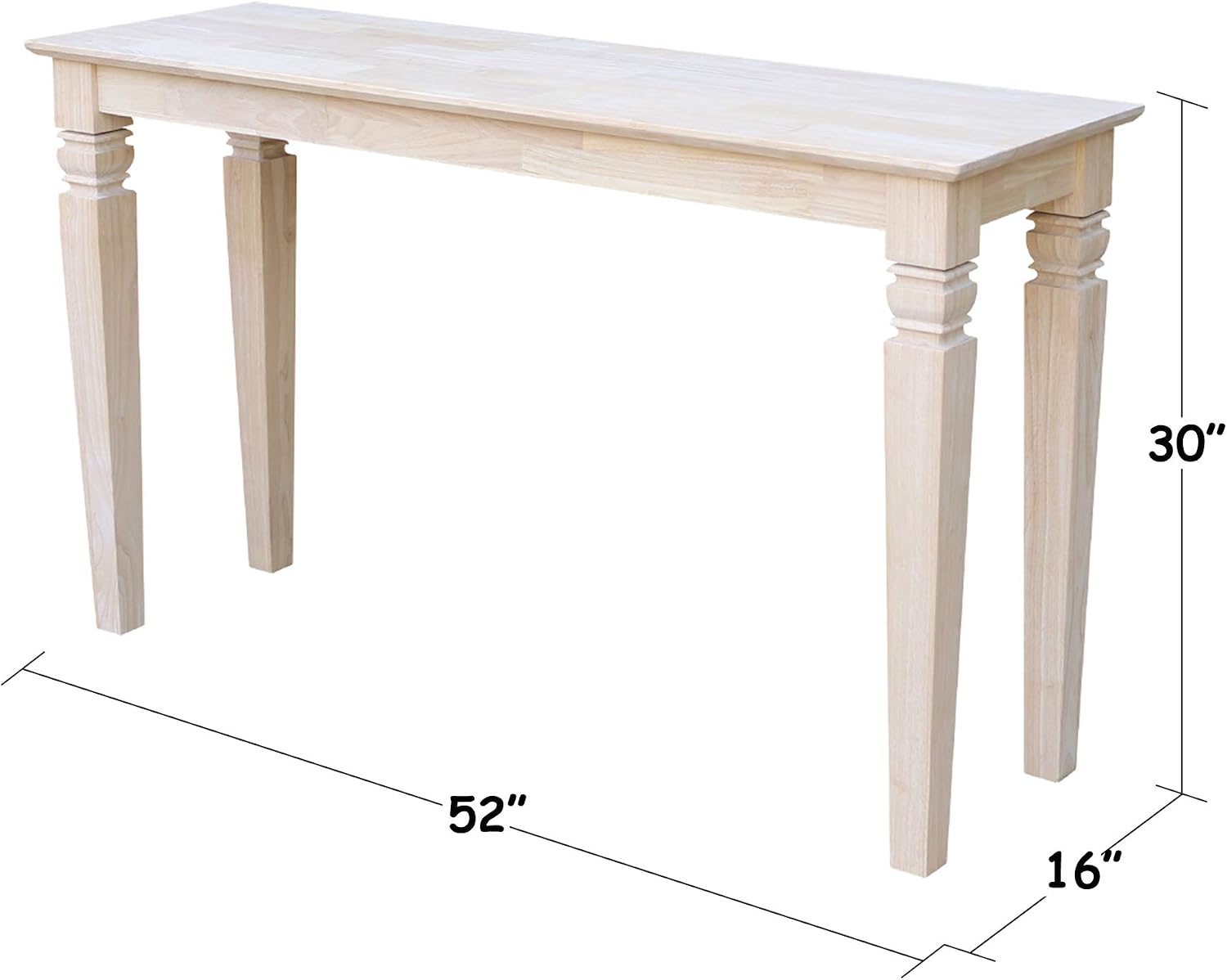 IC International Concepts, Java Console Table, Solid Real Wood, Sturdy Parawood, Living Room/Family Room/Entryway, 50LBS capacity, 52'W x 16'D x 30'H, Paint/Stain Ready, Unfinished