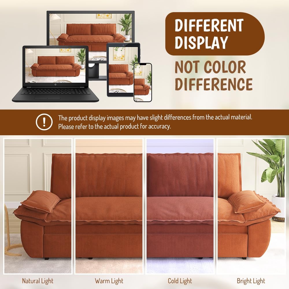 73.2'' Queen Size Sofa Bed, Corduroy Loveseat 3-in-1 Convertible Sleeper Sofa Couch, Pull Out Sofabed, Space Saving, Orange