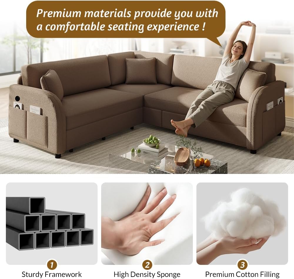 Queen Size Sleeper Sofas Convertible Couches, L Shaped Sectional Couch with Pull Out Bed, Upholstered 5-Seat Modular Sectional Sofa with Convert Left/Right Facing and USB Port for Living Room