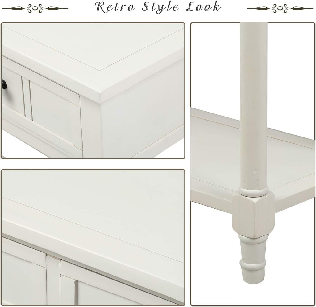 Knocbel 35.5 Inch Antique Entry Console Table with Drawers & Bottom Open Shelf, Solid Wood Sofa Couch Table for Entryway Hallway Living Room (Ivory White)