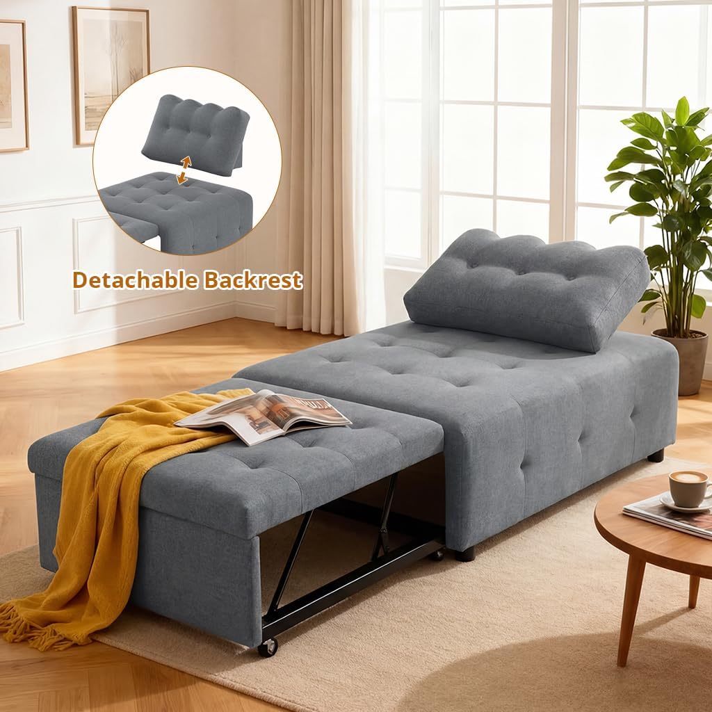CMOHOMA Sleeper Sofa Bed,Convertible Pull Out Couch with Adjustable Backrest,Linen Chaise Lounge Chair,Sectional Couches for Living Room,Bedroom,Apartmen,Gray