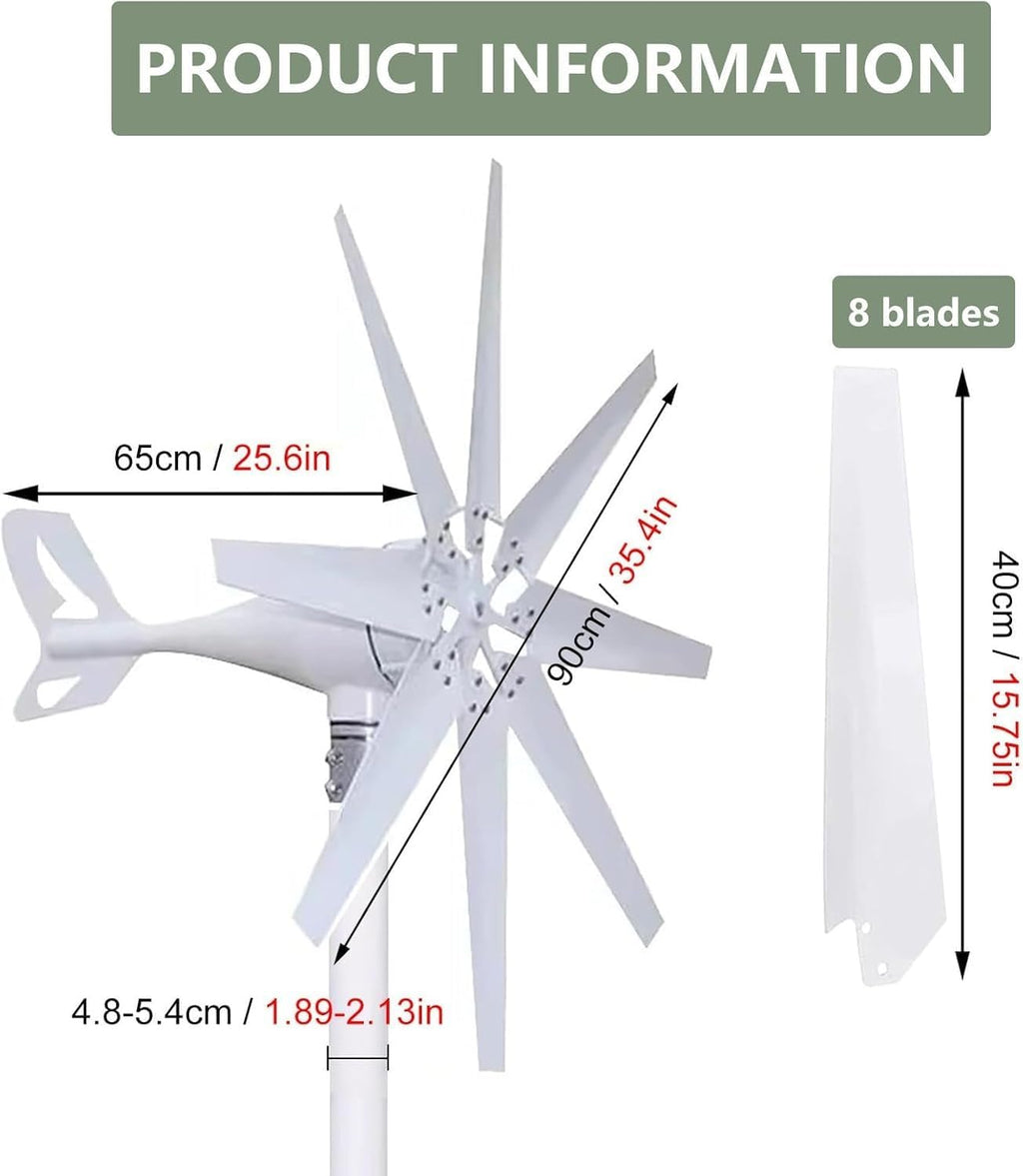 Wind Turbine Generator Kit, 15000W 12/24/48V/110V/220V, Power, with 8 Blade, with MPPT Controller, Windmill Suit for Hybrid Solar Systemfor, Marine, RV, Home(12V)