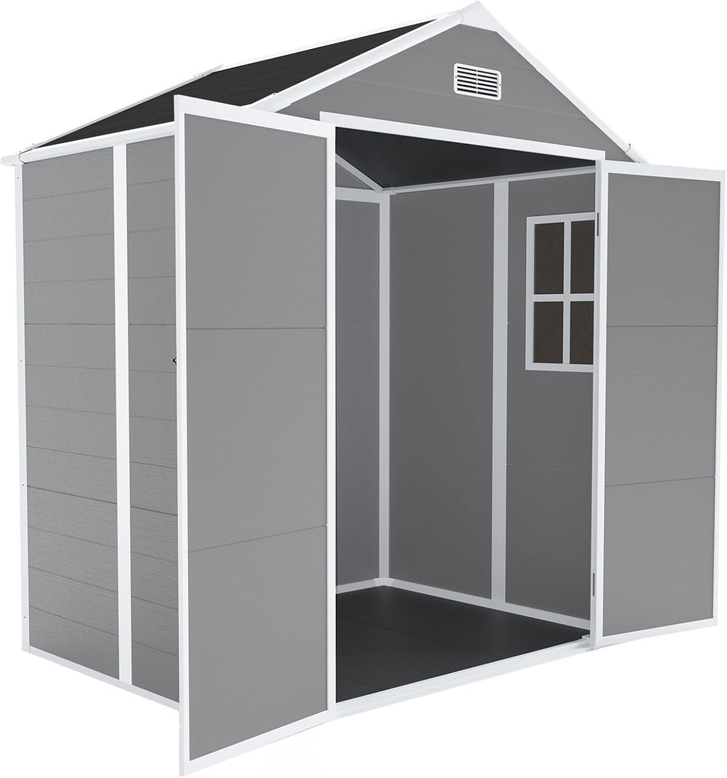 6 x 5 FT Resin Outdoor Storage Shed, Plastic Garden Shed with Floor, Large Storage Space, Lockable Doors & Windows, Plastic Tool Shed, 12mm Thick PP Board (6X5 FT)