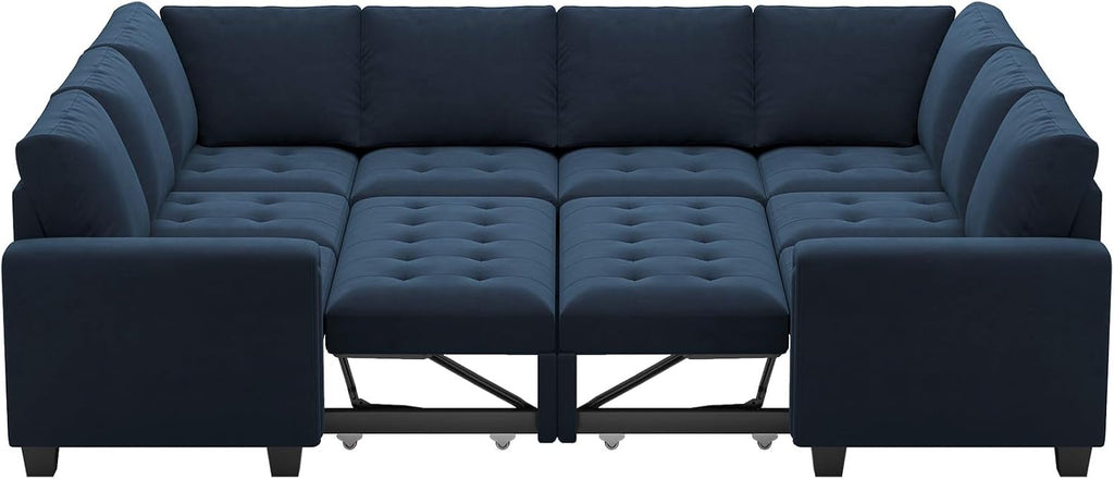 Belffin Modular Sectional Sleeper Sofa with Pull Out Couch Bed Oversized U Shaped Sectional Couches for Living Room Velvet Modular Sleeper Sofa Bed Blue
