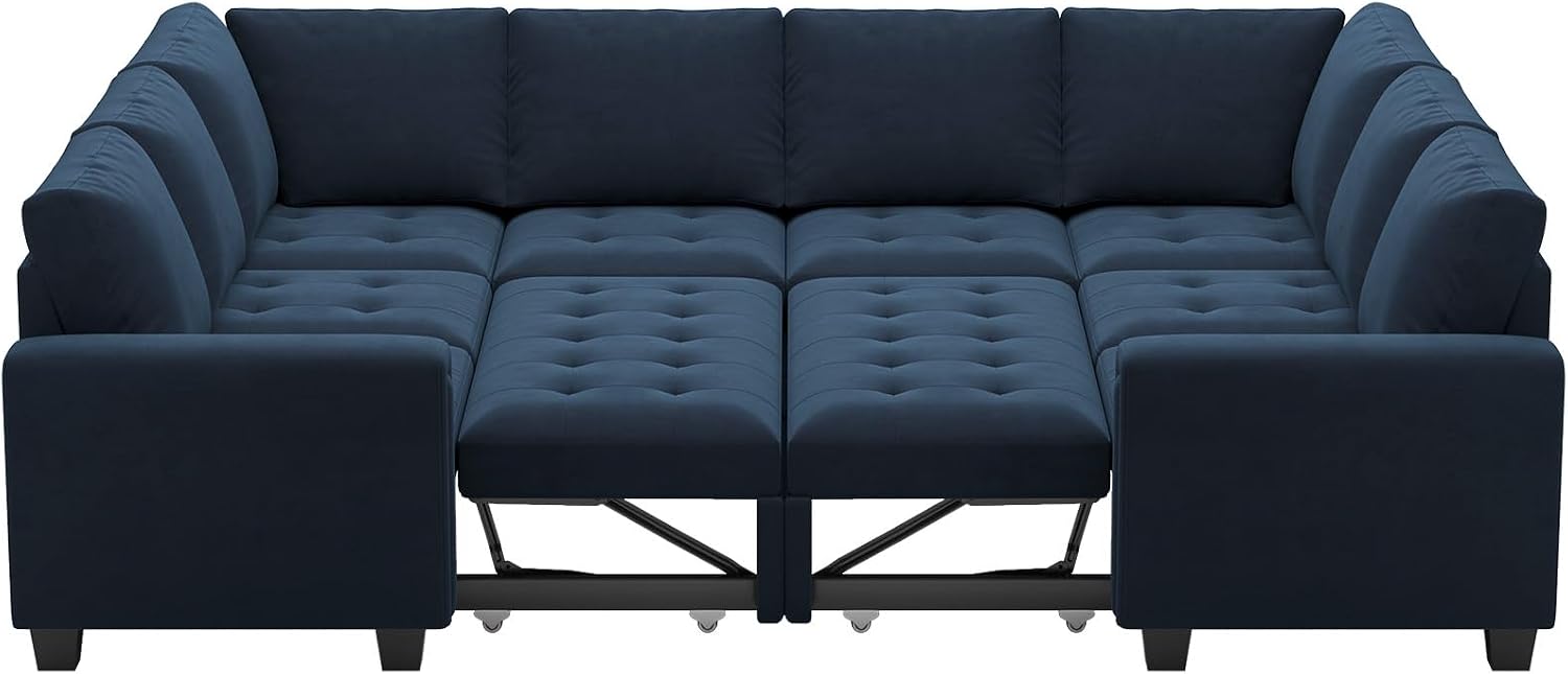 Belffin Modular Sectional Sleeper Sofa with Pull Out Couch Bed Oversized U Shaped Sectional Couches for Living Room Velvet Modular Sleeper Sofa Bed Blue