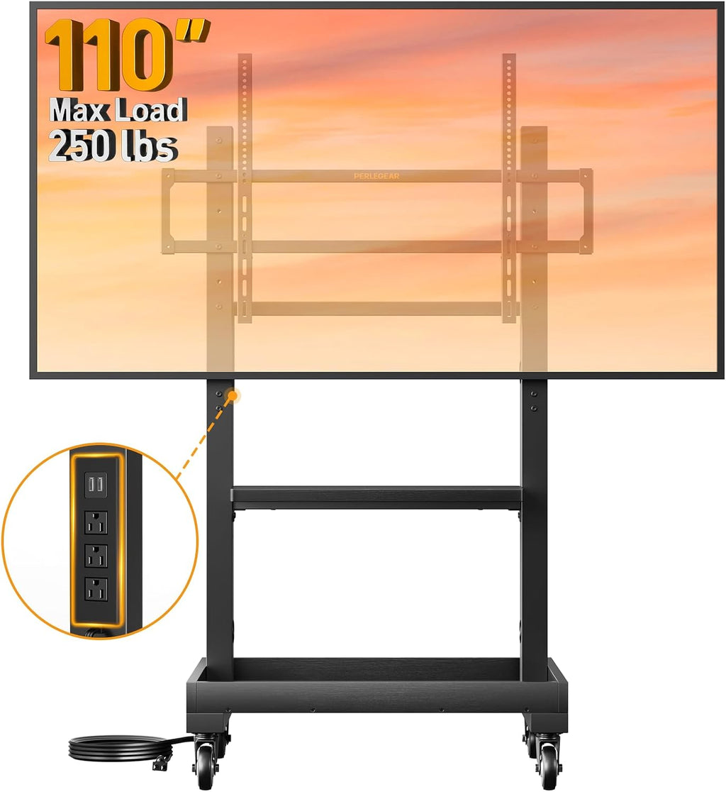 Perlegear Rolling TV Stand for 32'-110' TVs up to 250 lbs, Outdoor TV Stand with Large Wheels, Handle & Power Outlet, Height Adjustable Mobile TV Cart with Wood Shelf, Max VESA 800x600mm, PGTVMC24B