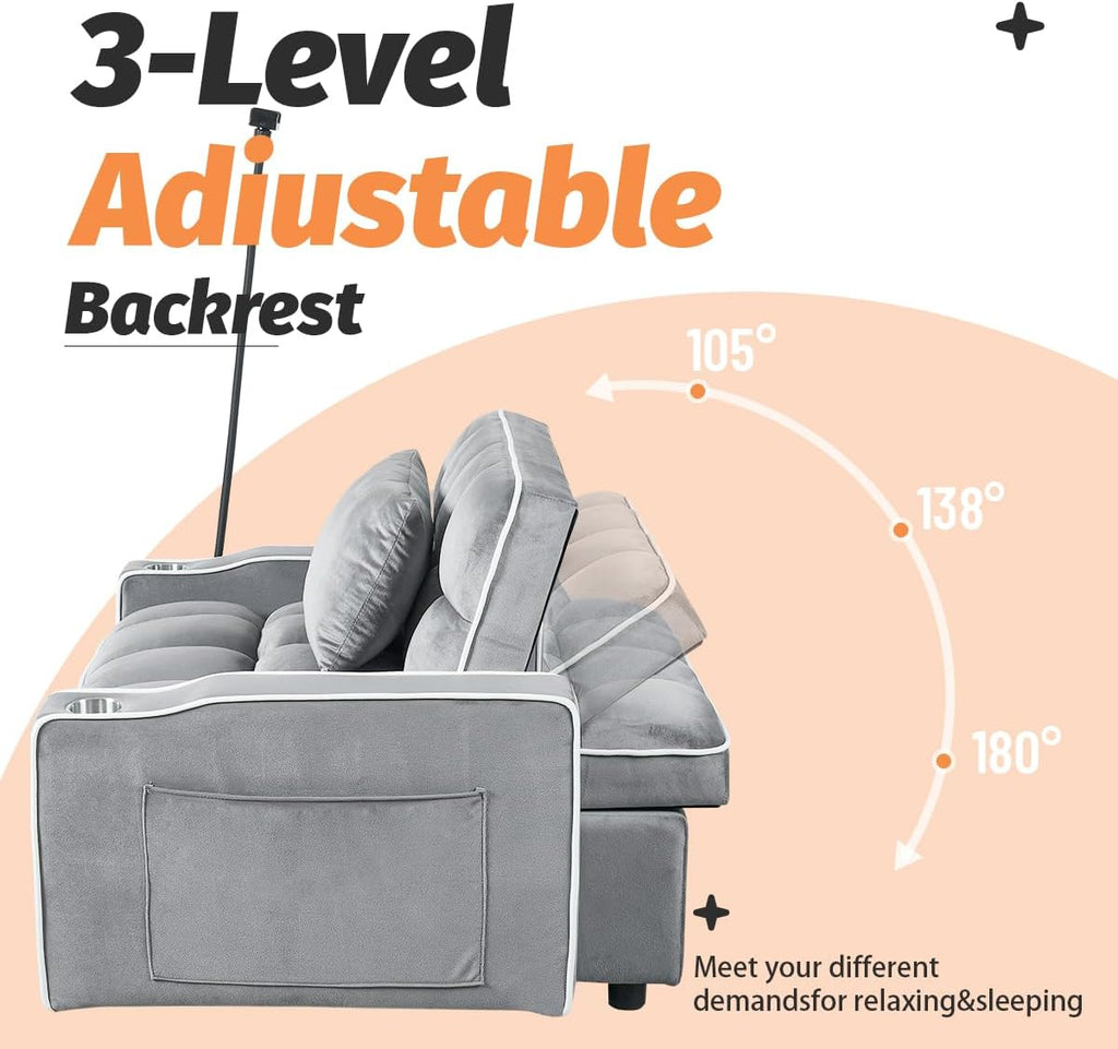 Majnesvon Modern Velvet Fabric Sofa Bed Futon,3 in 1 Convertible Pullout Bed Couches with 3 Reclining Backrests,Phone Stand,Small Sofa Single Sleeper Chair Bed for Living Room Bedroom (Grey)