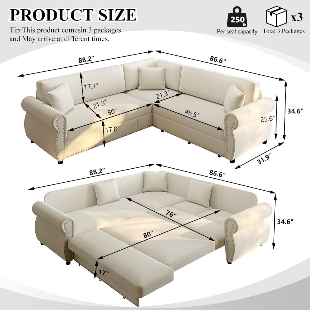 88.2'' Pull Out Couch Bed King, L Shaped Convertible Sleeper Sofa, 4-seater Couches with Rivet Armrests, 3 Pillows, Chenille Upholstery, Futon Sofa Bed for Living Room, Apartment, Office, Beige