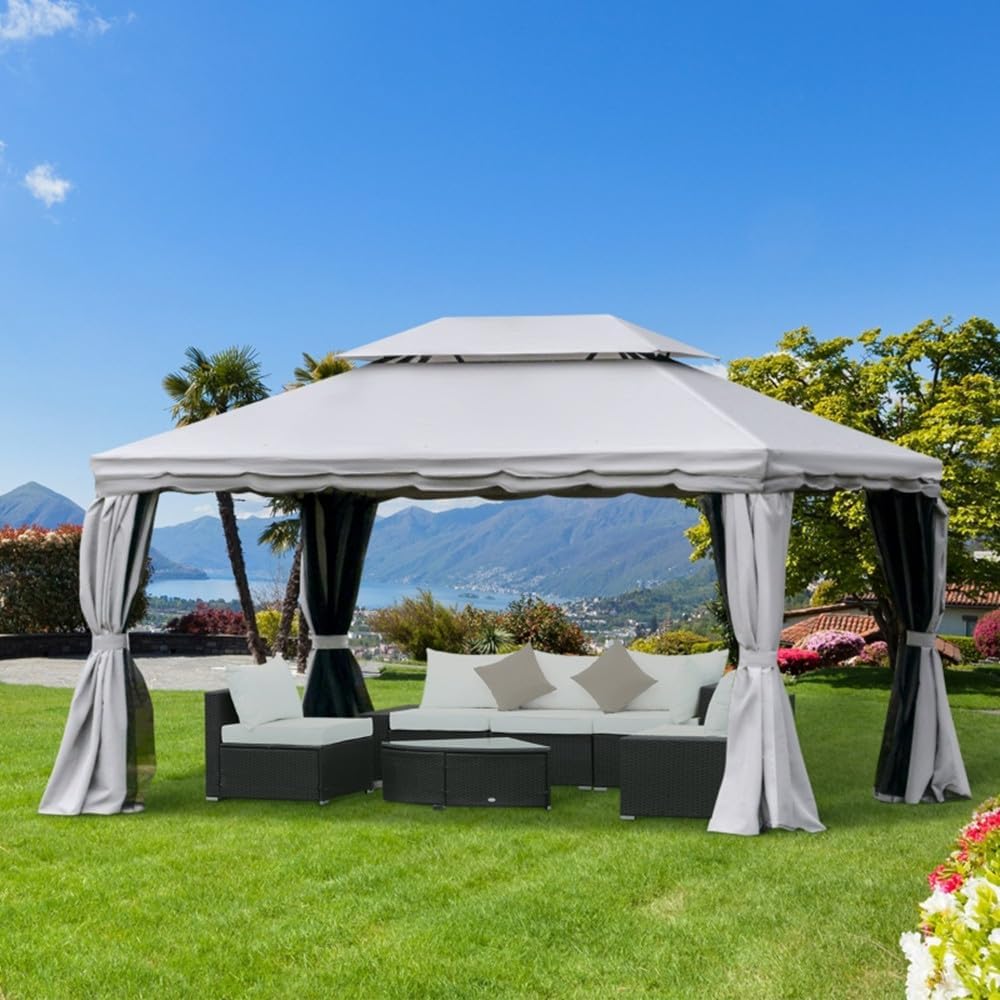 amopacorp 10x13 FT Gazebo Polyester Hardtop Double Roof Canopy Outdoor with 8 Stakes and Shaded Curtains Aluminum Frame Garden Tent for Patio, Backyard, Deck and Lawns, Grey