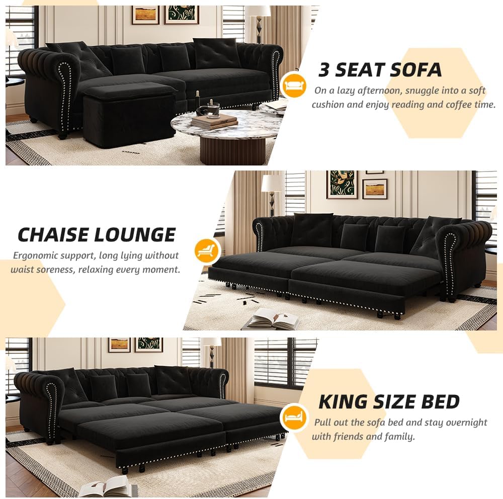 89'' Pull Out Sofa Bed King, Chesterfield Velvet Sleeper Sofa, Convertible L-Shaped Futon Couch, Tufted Back, 4 Pillows, Ottoman, Deep Seat Loveseat Couches for Apartment, Living Room, Black