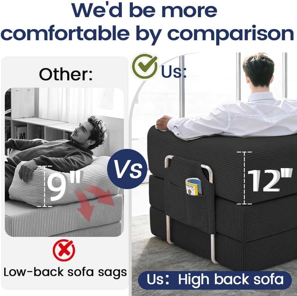 GEARIVY Folding Sofa Bed Convertable Corduroy Couch King Size Floor Sleeper 4-in-1 DIY Combination Modular Sofa Fold Out Futon Lounge Comfy Foldable Lazy cama for Living Room (Black, 80.3 inch Sofa)