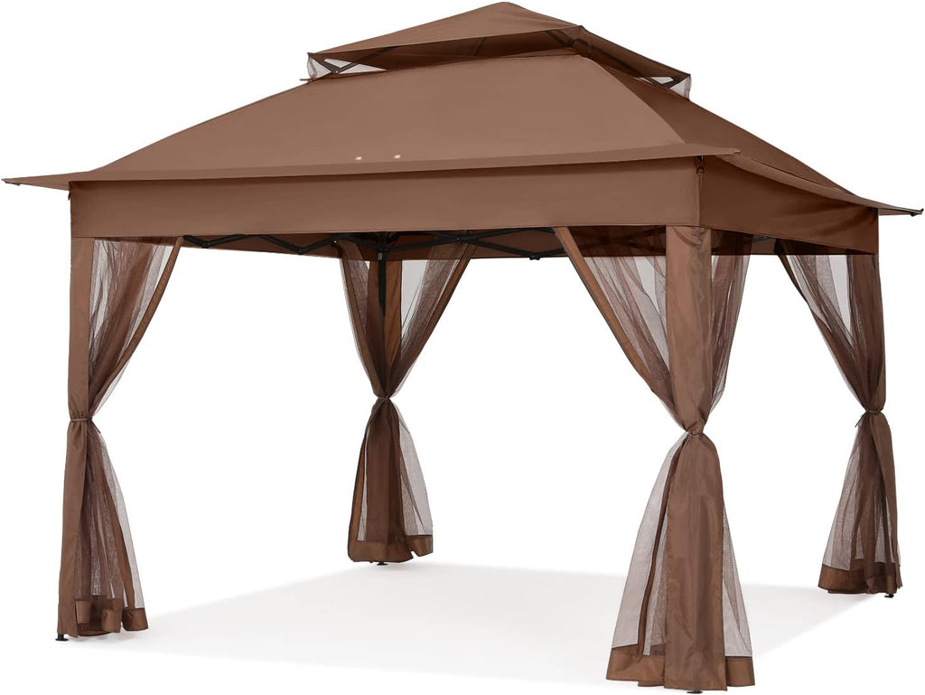 COOSHADE 11x11 Pop Up Gazebo Tent Outdoor Canopy Patio Shelter with Mosquito Netting(Brown)