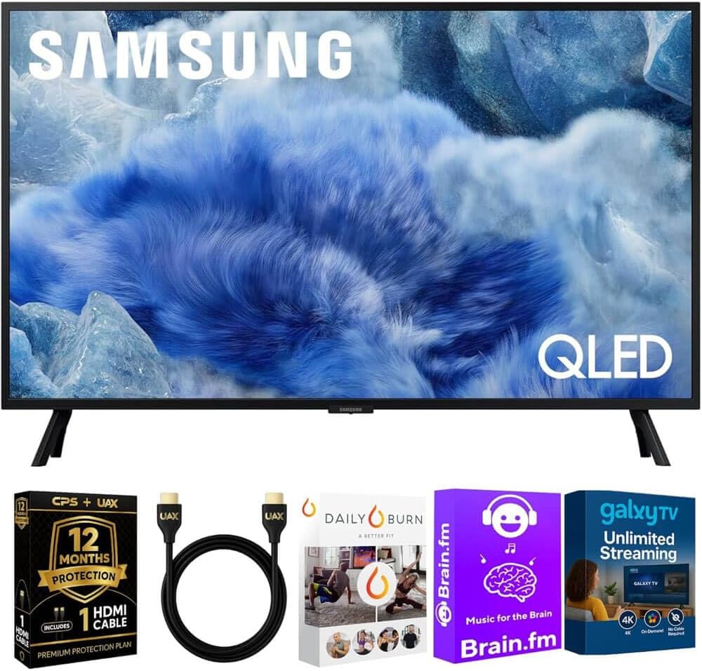 Samsung 32-Inch Q8F QLED 4K Smart TV, Quantum Dot, HDR+, 144Hz VRR, Slim Metal Design, Voice Remote, Includes 1-Year Warranty, AUX HDMI Cable & Streaming Bundle