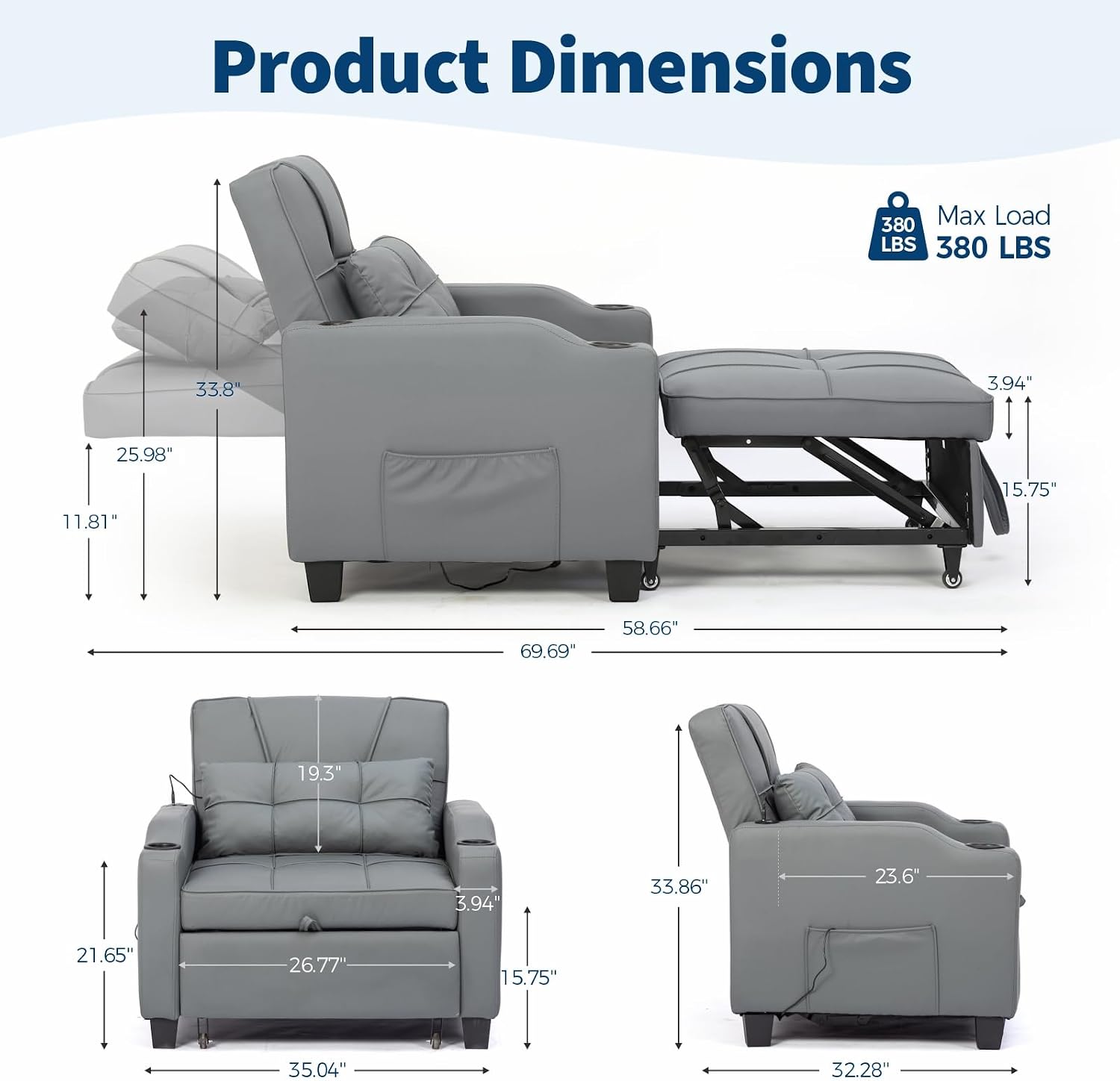 Sleeper Chair Pull Out Bed, 4 in 1 Convertible Sofa Chair Bed with Vibration Massage Lumbar Pillow, Single Sofa Recliner with USB/Type-C Port, Cup Holders and Side Pocket for Small Spaces (Grey)