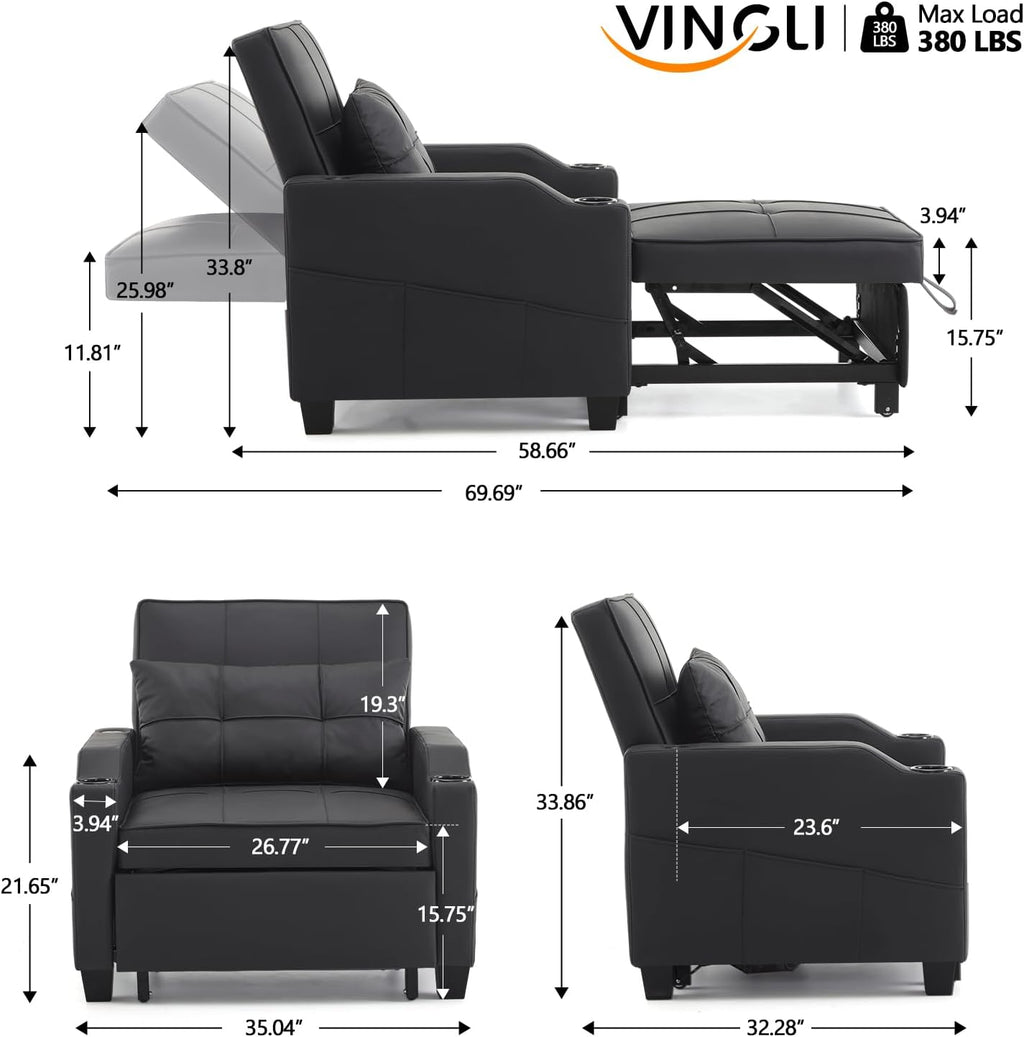VINGLI Sleeper Chair 3-in-1 Convertible Sofa Bed Adjustable Recliner Sofa Modern Pull Out Couch Bed with 2 USB Ports 2 Cup Holders 2 Side Pockets for Living Room Bedroom Small Spaces, Black