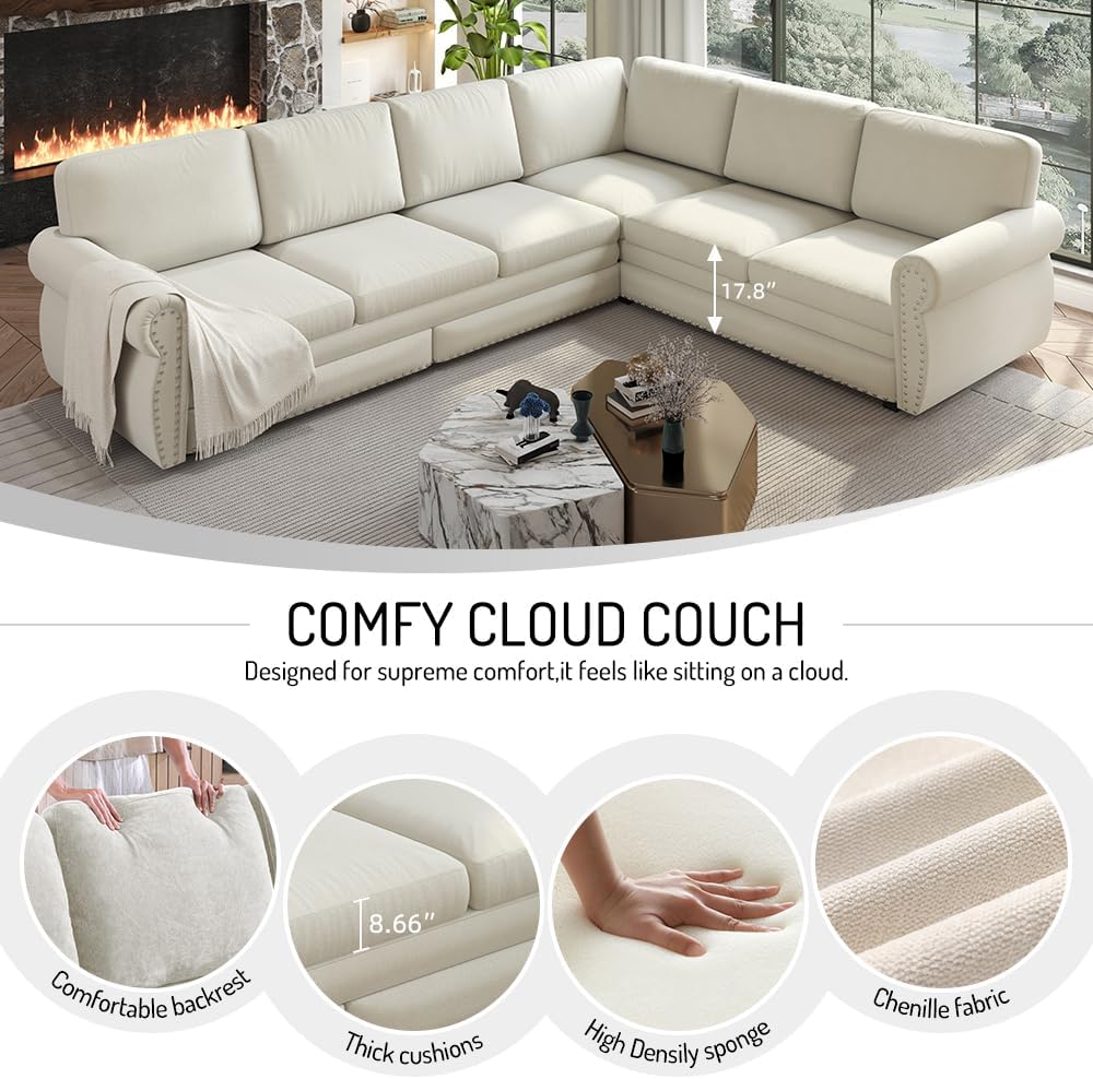 118'' Pull Out Couch, Convertible Sleeper Sofa Bed, Upholstered Sectional Sofa, Chenille L-Shaped Couch with Nailhead Trim, 6-Seater Modern Sectional Couches for Living Room, Apartment, Beige