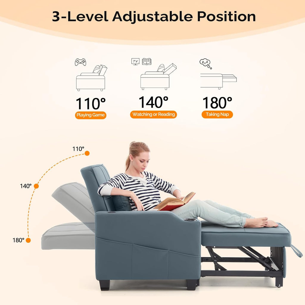 VINGLI 3-in-1 Convertible Sofa Bed, Recliner with Adjustable Backrest, USB Ports, Cup Holders for Small Spaces, Living Room