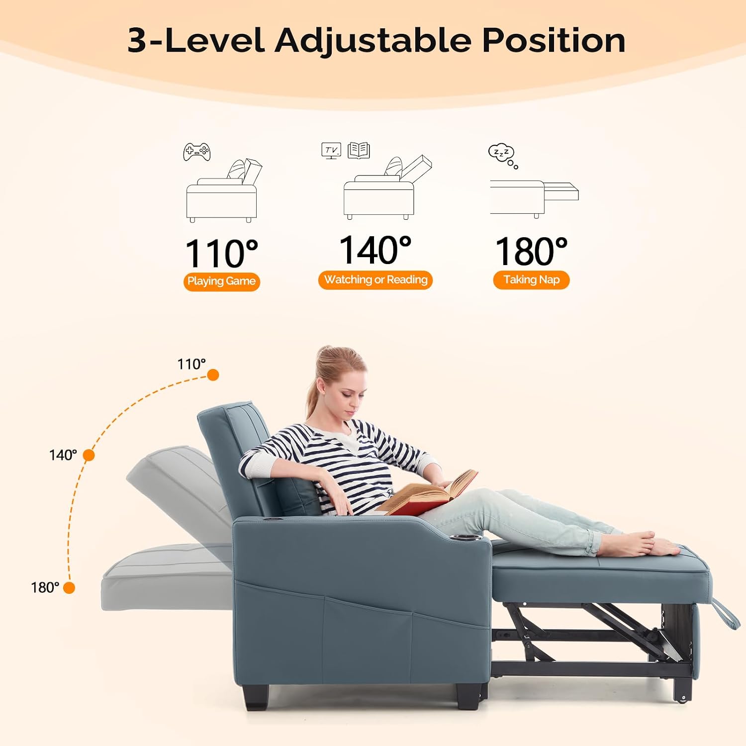 VINGLI 3-in-1 Convertible Sofa Bed, Recliner with Adjustable Backrest, USB Ports, Cup Holders for Small Spaces, Living Room