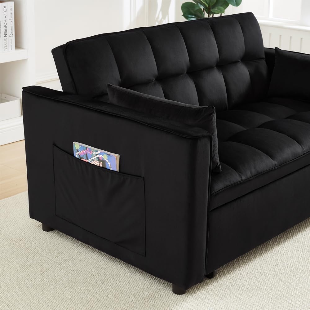 70' 3 in 1 Pull Out Couch, Loveseat Sleeper Sofa with Side Pockets, Convertible Velvet Fabric Sofa Bed for Living Room, Bedroom, Apartment, Easy Assembly, Black