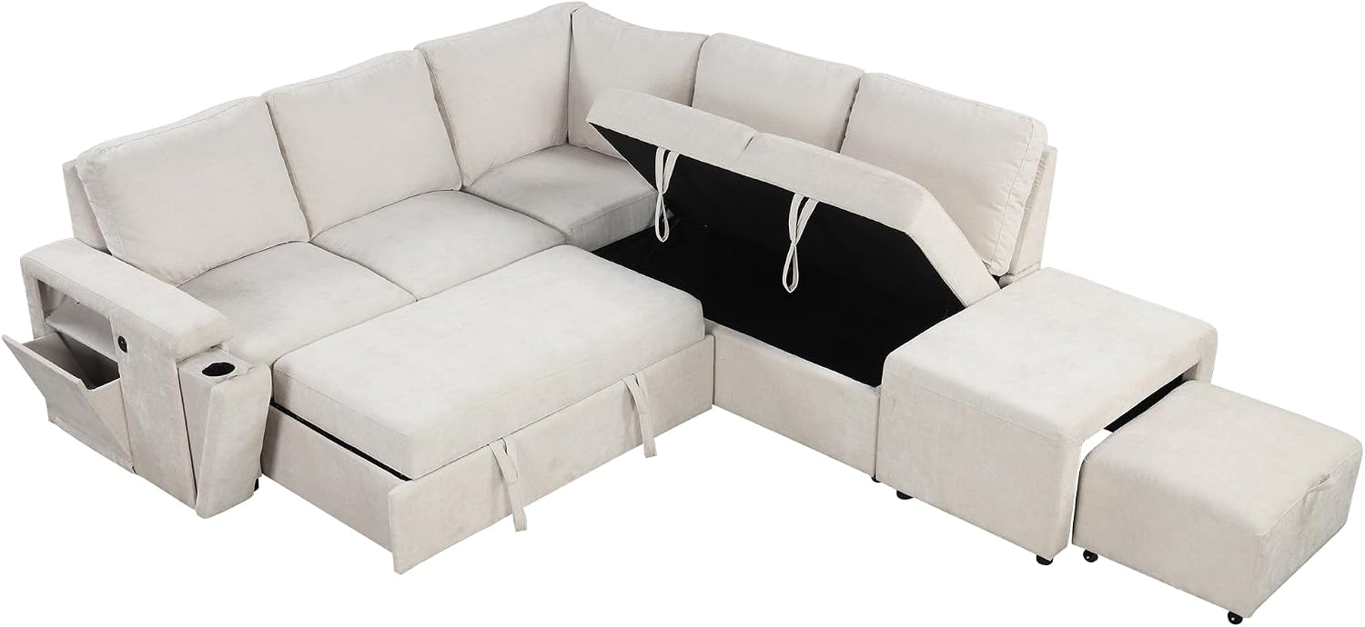 LUMISOL 90' Convertible Sleeper Sofa Bed with Pull-Out Bed & Ottoman, L-Shaped Sectional Sofa Bed with USB Ports, Cup Holders & Storage, Corner Sofa Couch with Storage Chaise for Living Room, Beige