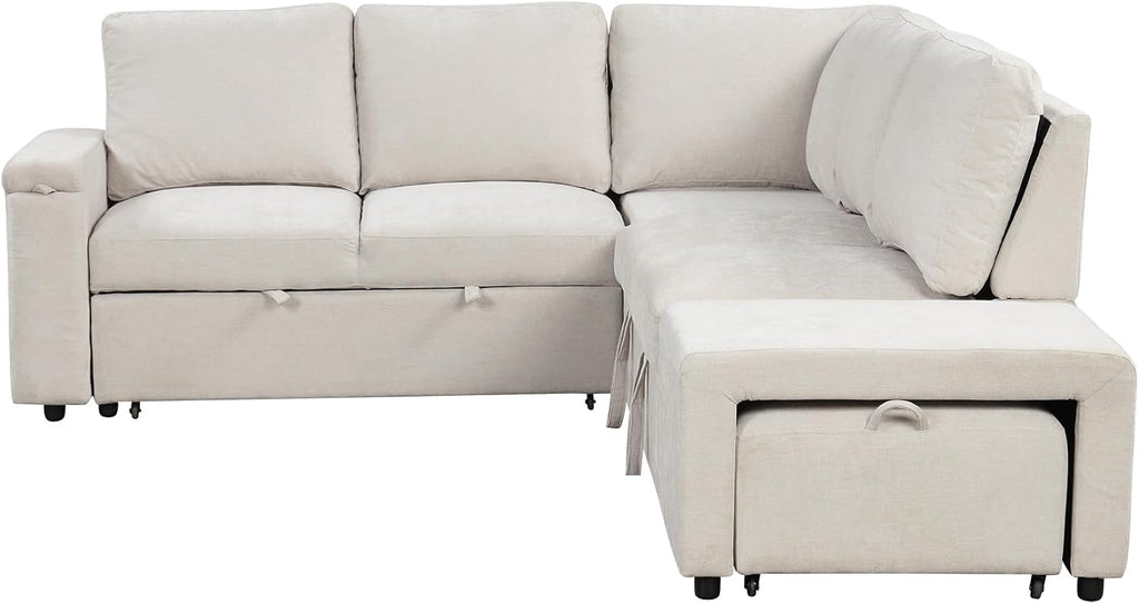 LUMISOL 90' Convertible Sleeper Sofa Bed with Pull-Out Bed & Ottoman, L-Shaped Sectional Sofa Bed with USB Ports, Cup Holders & Storage, Corner Sofa Couch with Storage Chaise for Living Room, Beige