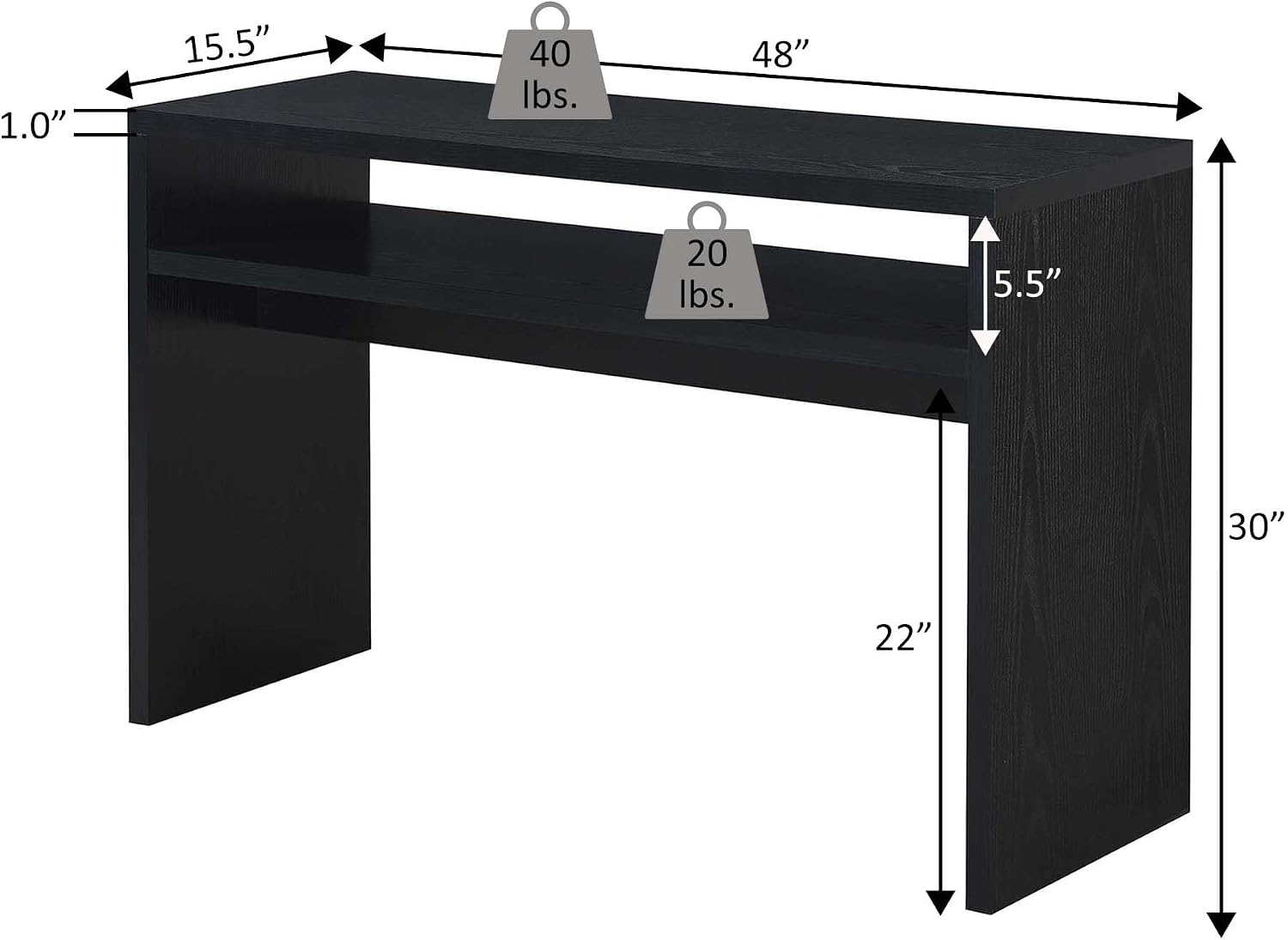 Convenience Concepts Northfield Deluxe Console Hall Table 48' - Modern, Minimalist Narrow Sofa Display Accent With Storage Shelf for Contemporary Living Room, Entryway, or Hallway, Black