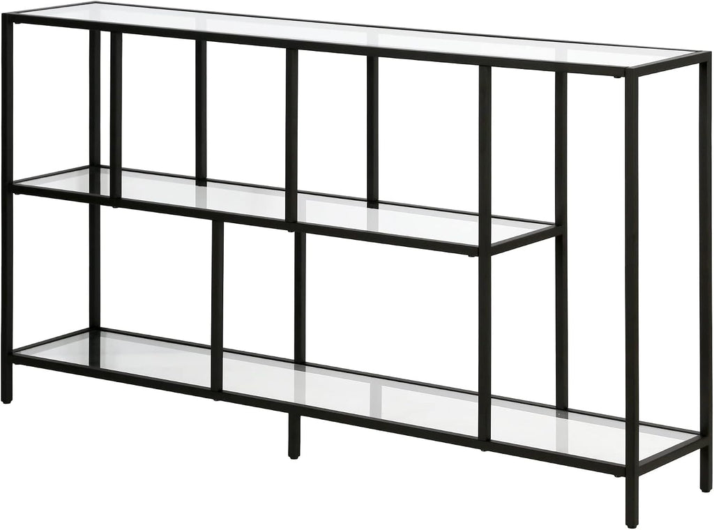 Henn&Hart 52' Wide Rectangular Console Table with Glass Shelves in Blackened Bronze, for Home Office, Living Room