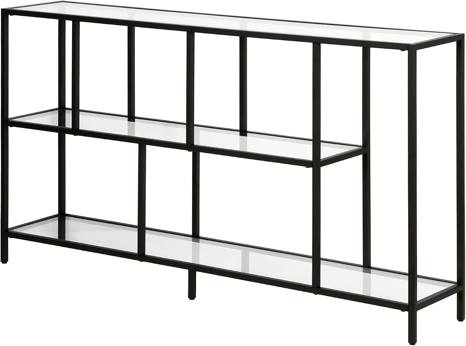 Henn&Hart 52' Wide Rectangular Console Table with Glass Shelves in Blackened Bronze, for Home Office, Living Room