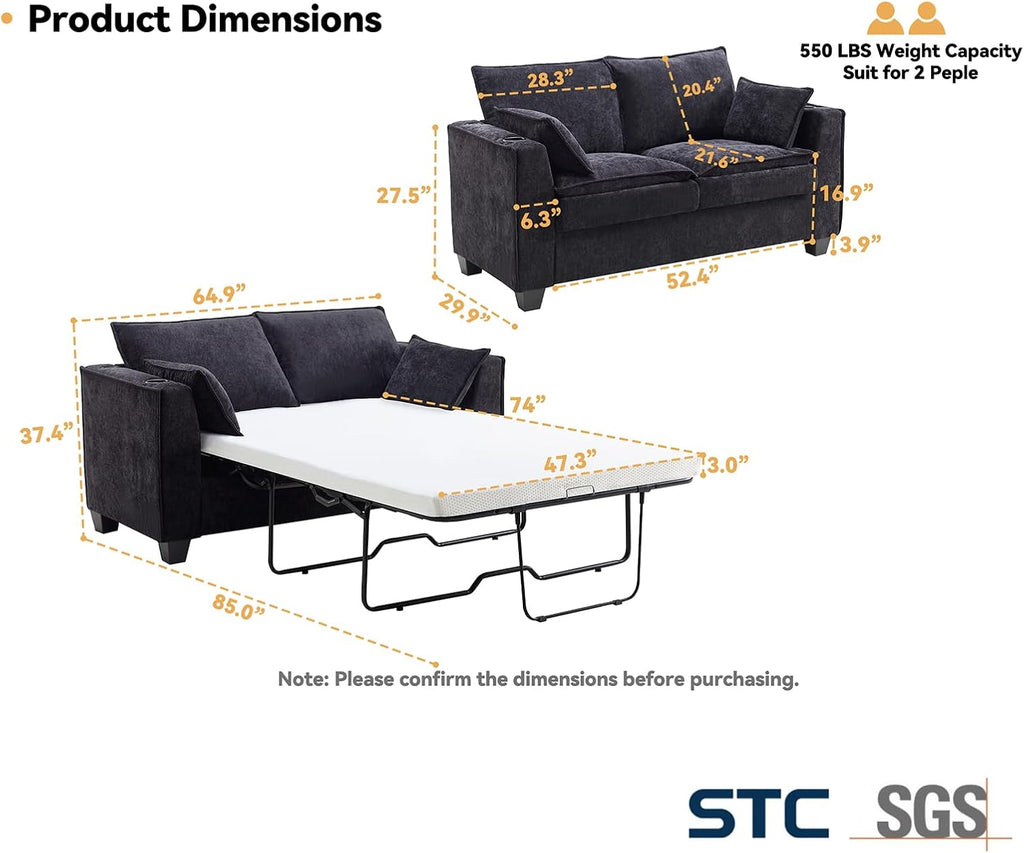 Brelice 65' Pull Out Sofa Bed, Sleeper Sofa Couch, 2-in-1 Convertible Chenille Loveseat with USB Charging Ports and Memory Foam Mattress, Full Size Pullout Bed for Living Room, Apartment or Office